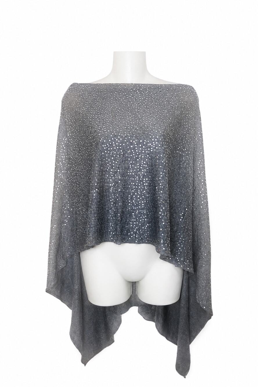 Minnie Rose Ruana Gray Sequin Cotton Knit Poncho One Size